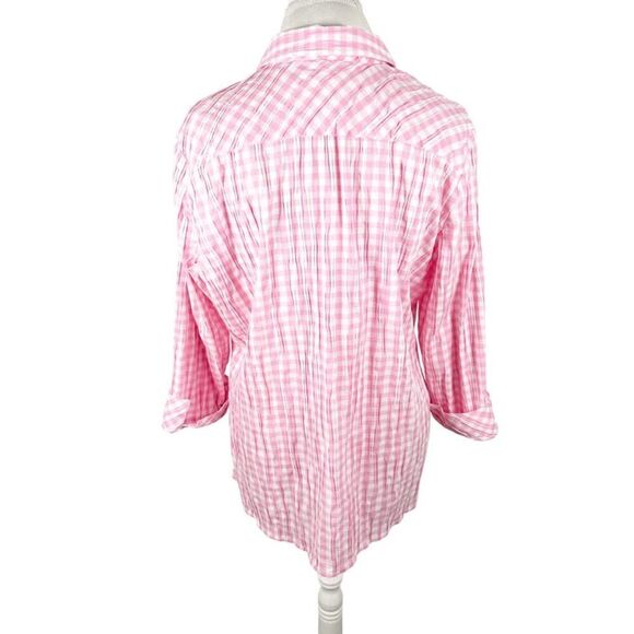 Foxcroft Pink Gingham Pucker Button Shirt 3/4 Sleeves Easy Fit Summer Size 14 - Picture 6 of 10